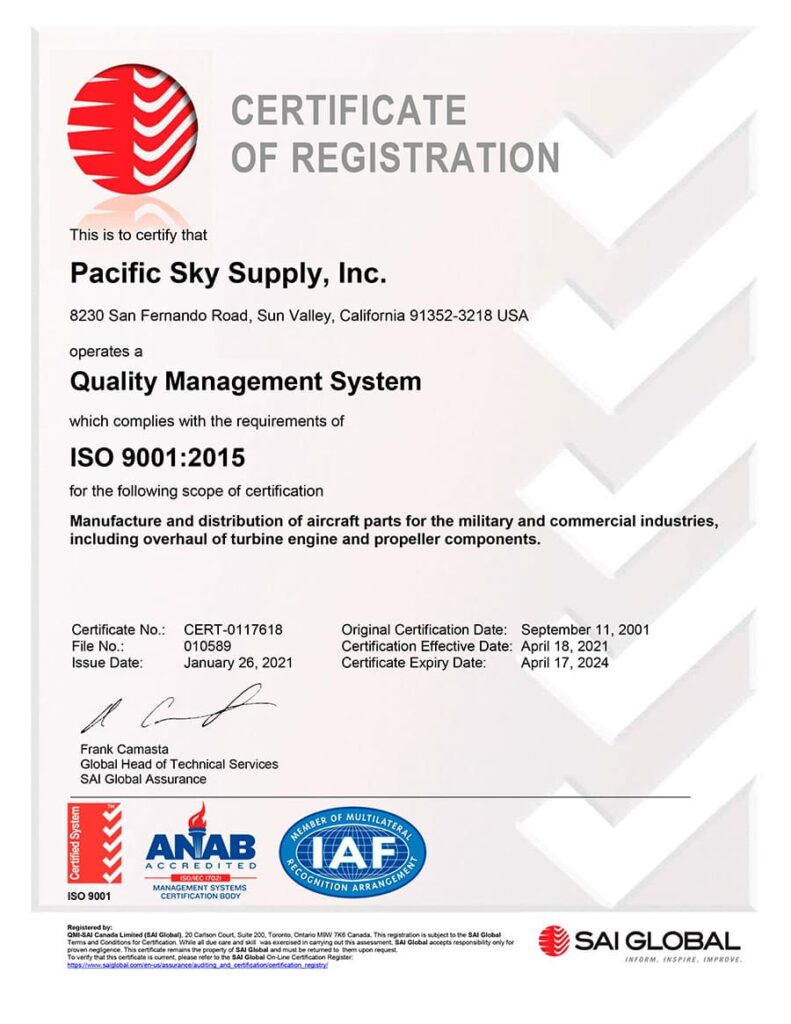 Pacific Sky Supply is proud to be ISO 9001: 2015 certified to manufacture aircraft parts for military and commercial industries, as well as overhaul parts for installation on the C-130 Hercules or P-3 Orion.